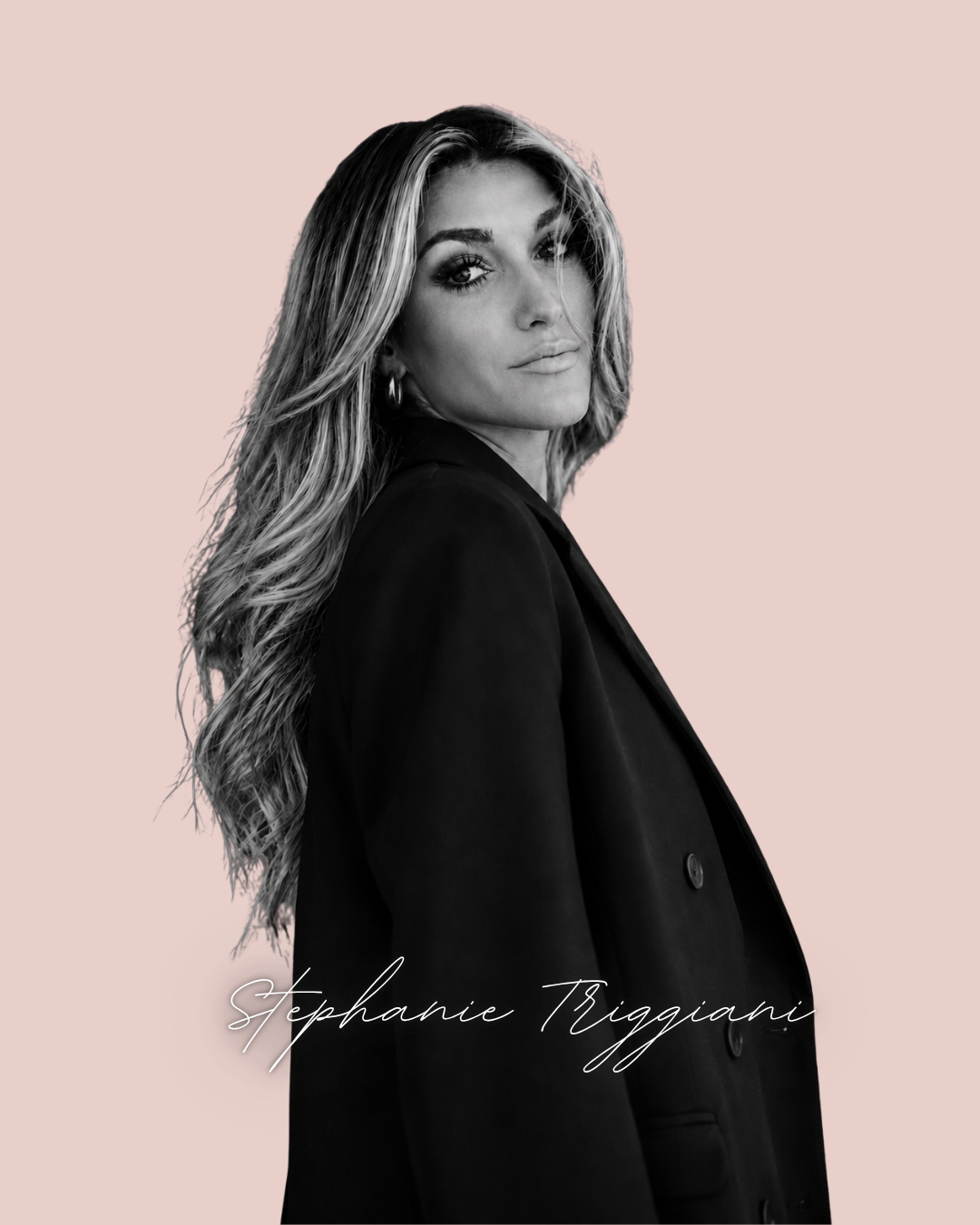 Black and white portrait of Stephanie Triggiani on a blush background